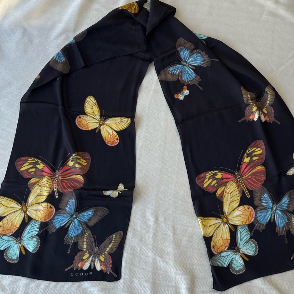Echo Black silk Butterfly Scarf with Blue, Yellow, Red and Cream Butterflies